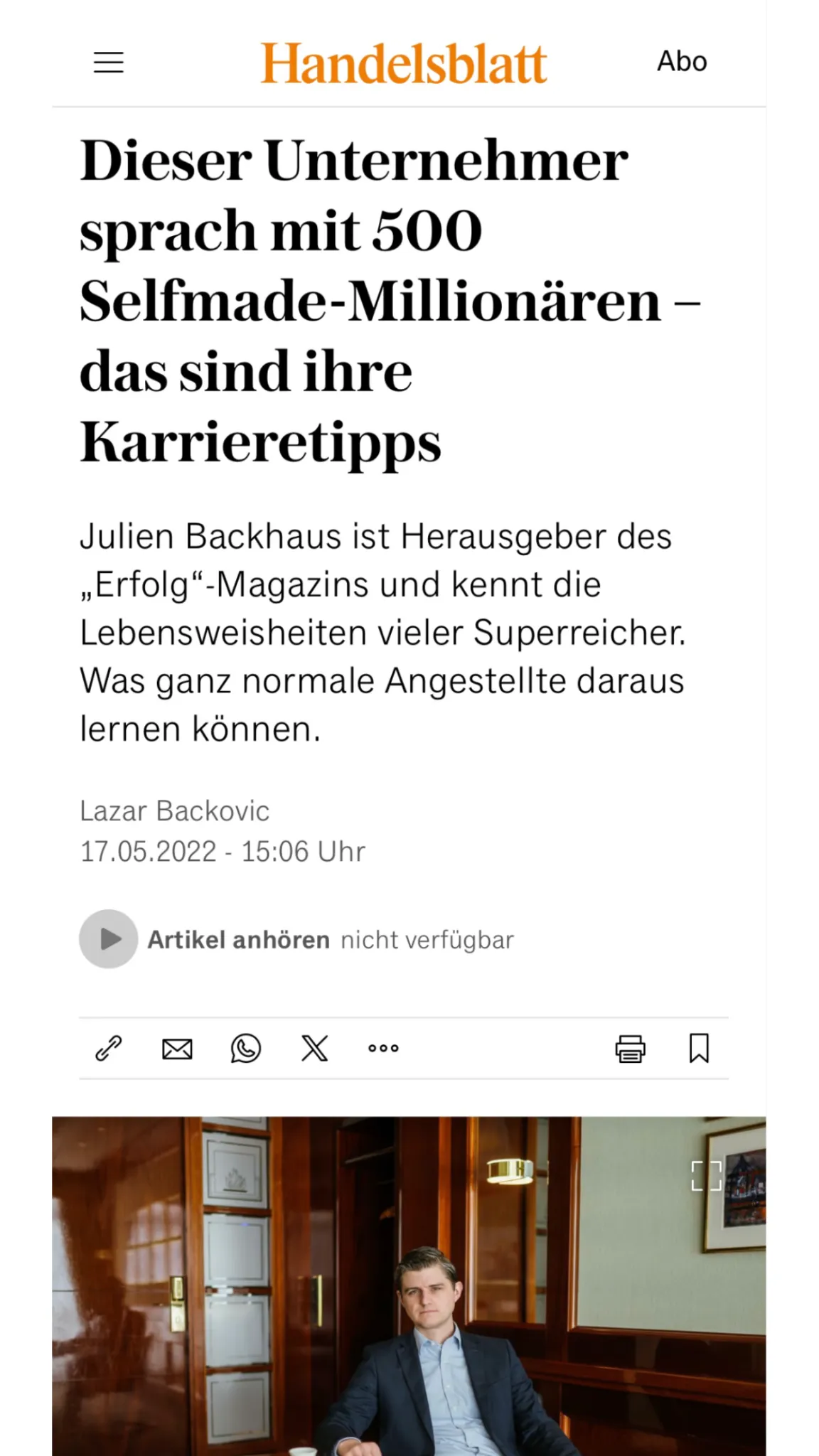 Handelsblatt-Artikel über Julien Backhaus und seine Gespräche mit 500 Selfmade-Millionären